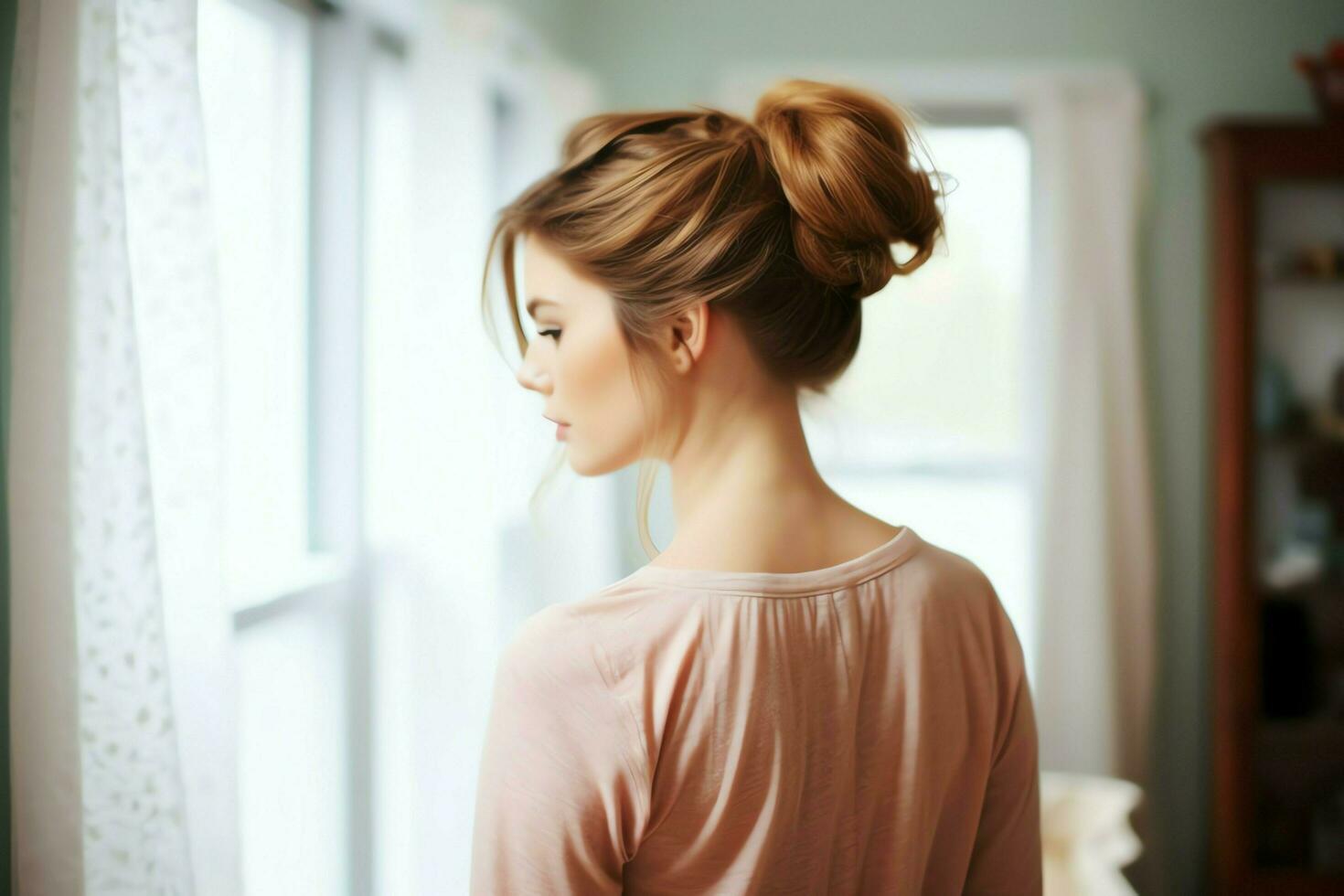 A beautiful bride with a bun hairstyles for long hair look from back. A female hairstyle rear view concept by AI Generated photo