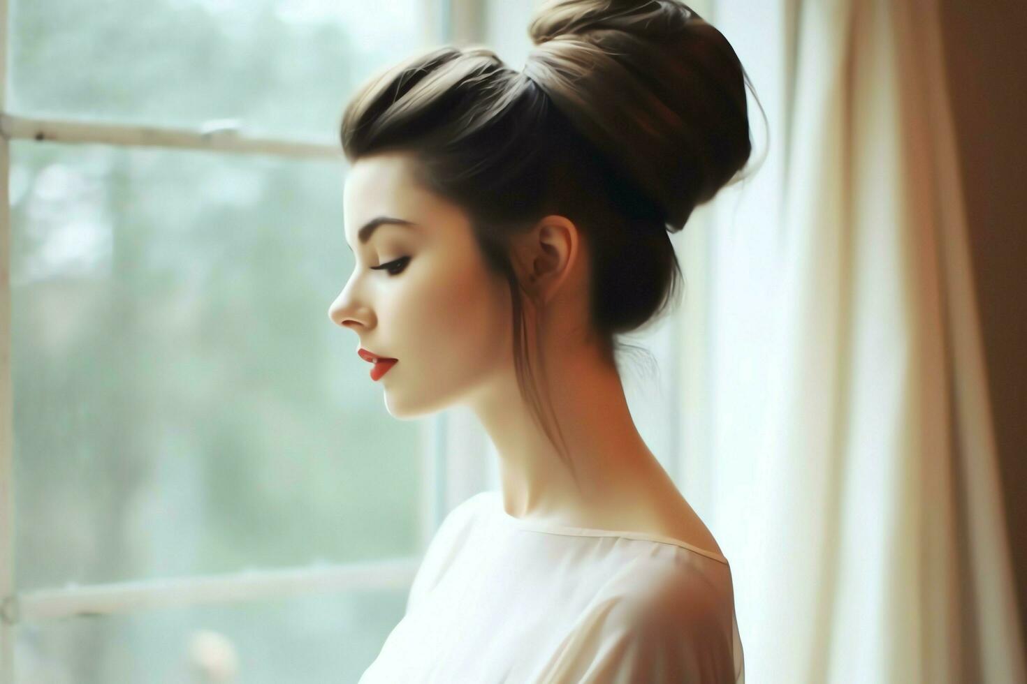 A beautiful bride with a bun hairstyles for long hair look from back. A female hairstyle rear view concept by AI Generated photo