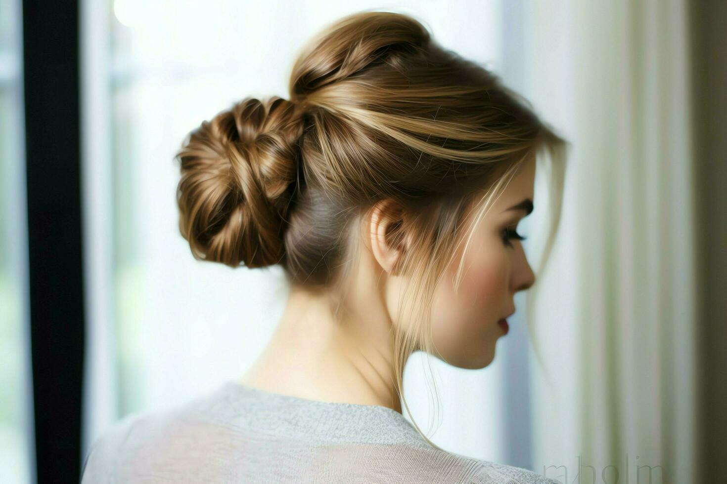 A beautiful bride with a bun hairstyles for long hair look from back. A female hairstyle rear view concept by AI Generated photo