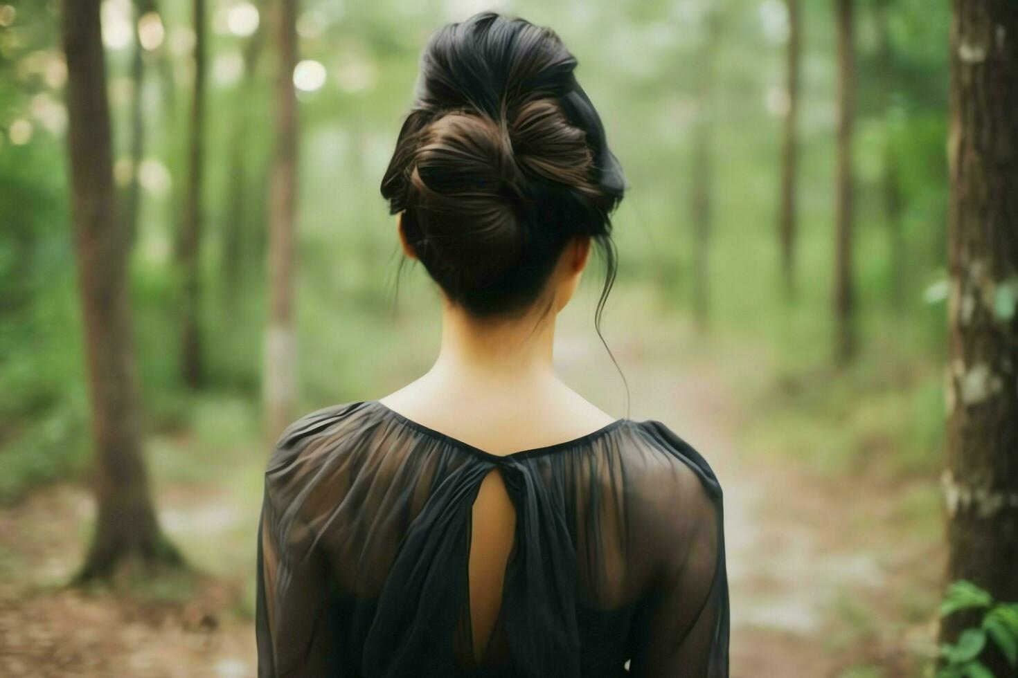 A beautiful bride with a bun hairstyles for long hair look from back. A female hairstyle rear view concept by AI Generated photo