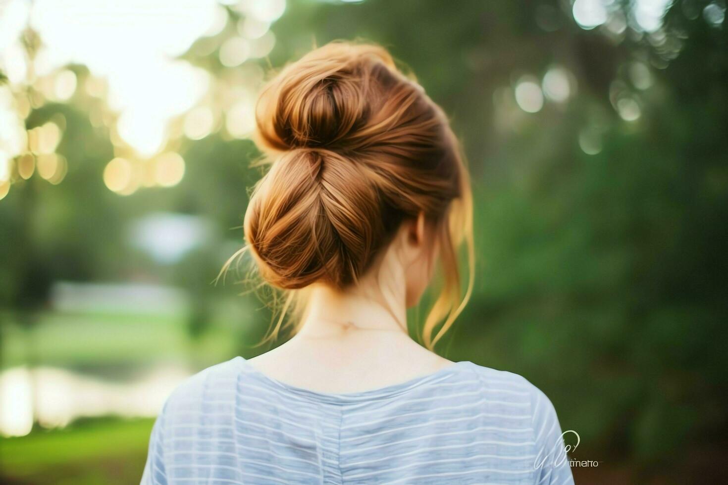 A beautiful bride with a bun hairstyles for long hair look from back. A female hairstyle rear view concept by AI Generated photo