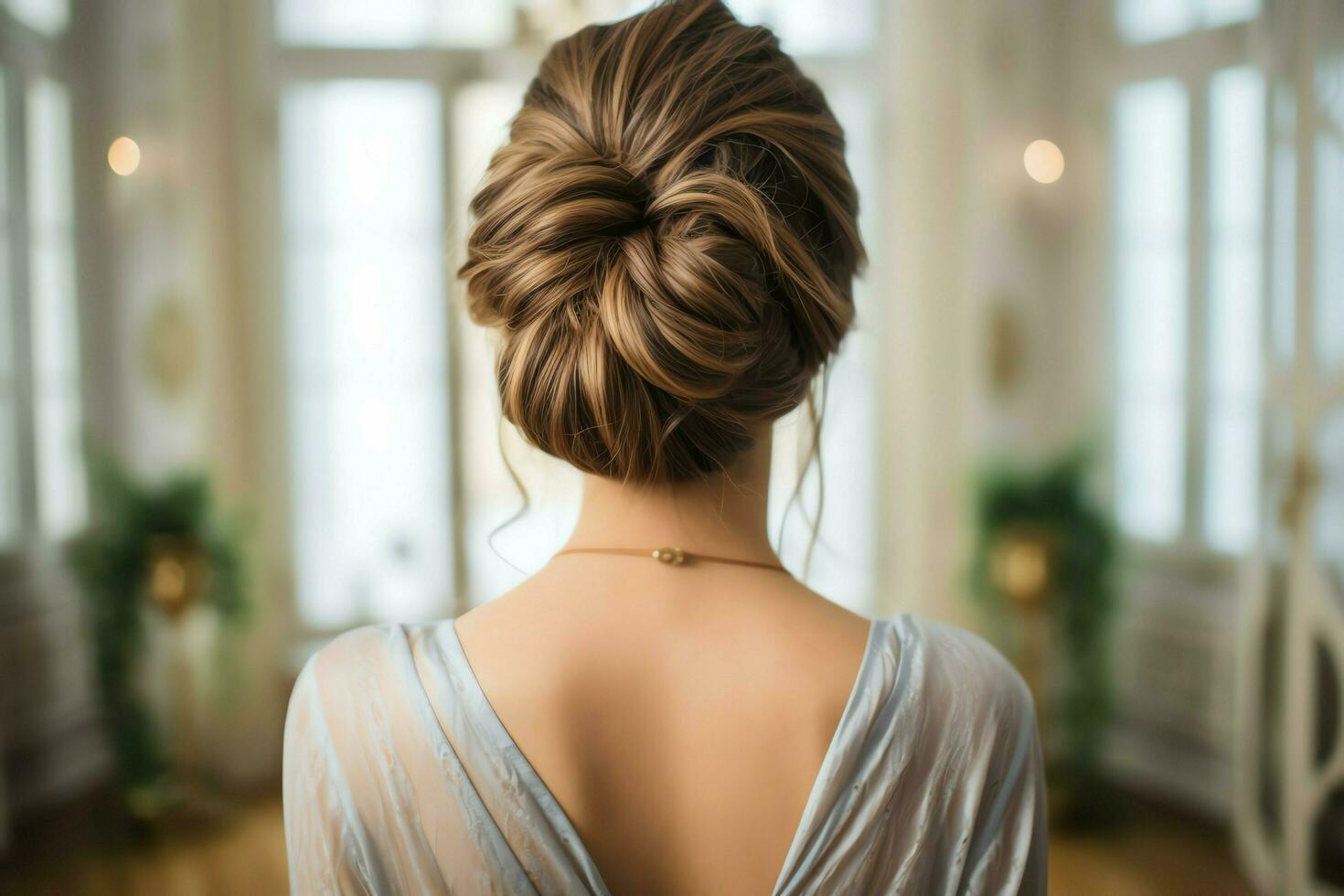 A beautiful bride with a bun hairstyles for long hair look from back. A female hairstyle rear view concept by AI Generated photo