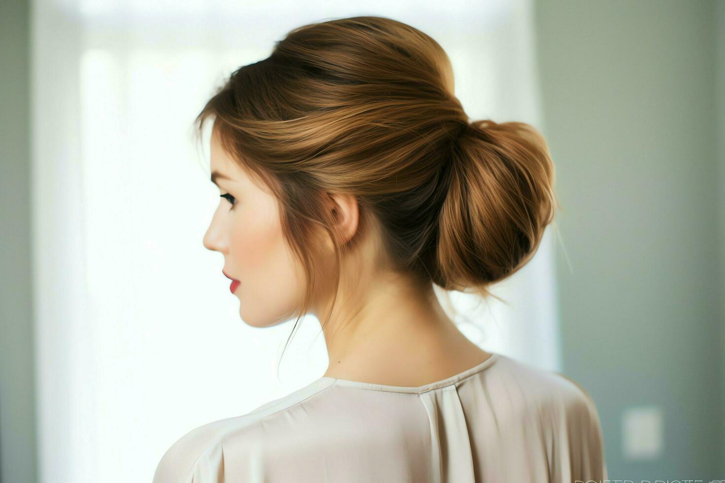 A beautiful bride with a bun hairstyles for long hair look from back. A female hairstyle rear view concept by AI Generated photo