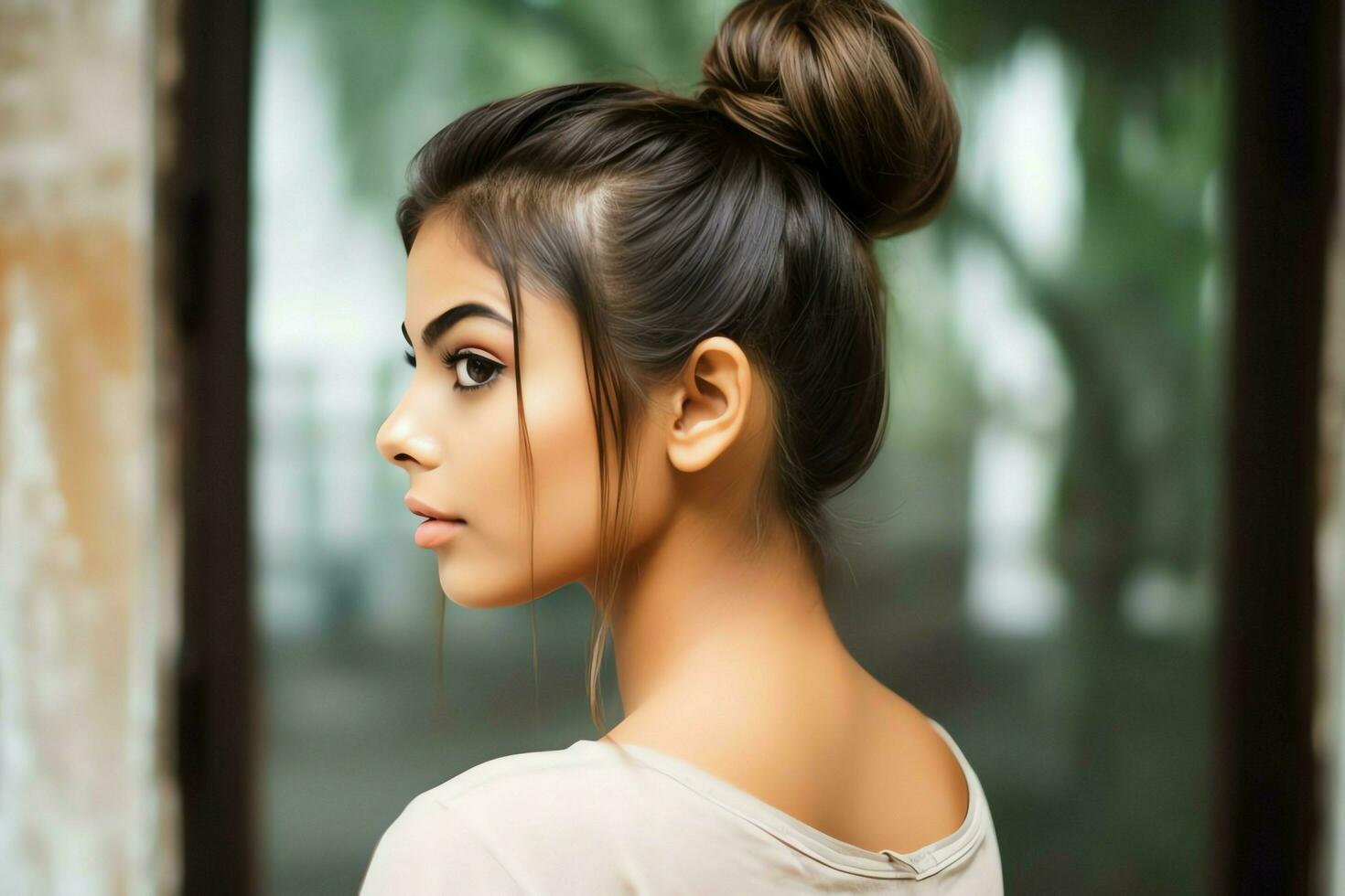 A beautiful bride with a bun hairstyles for long hair look from back. A female hairstyle rear view concept by AI Generated photo