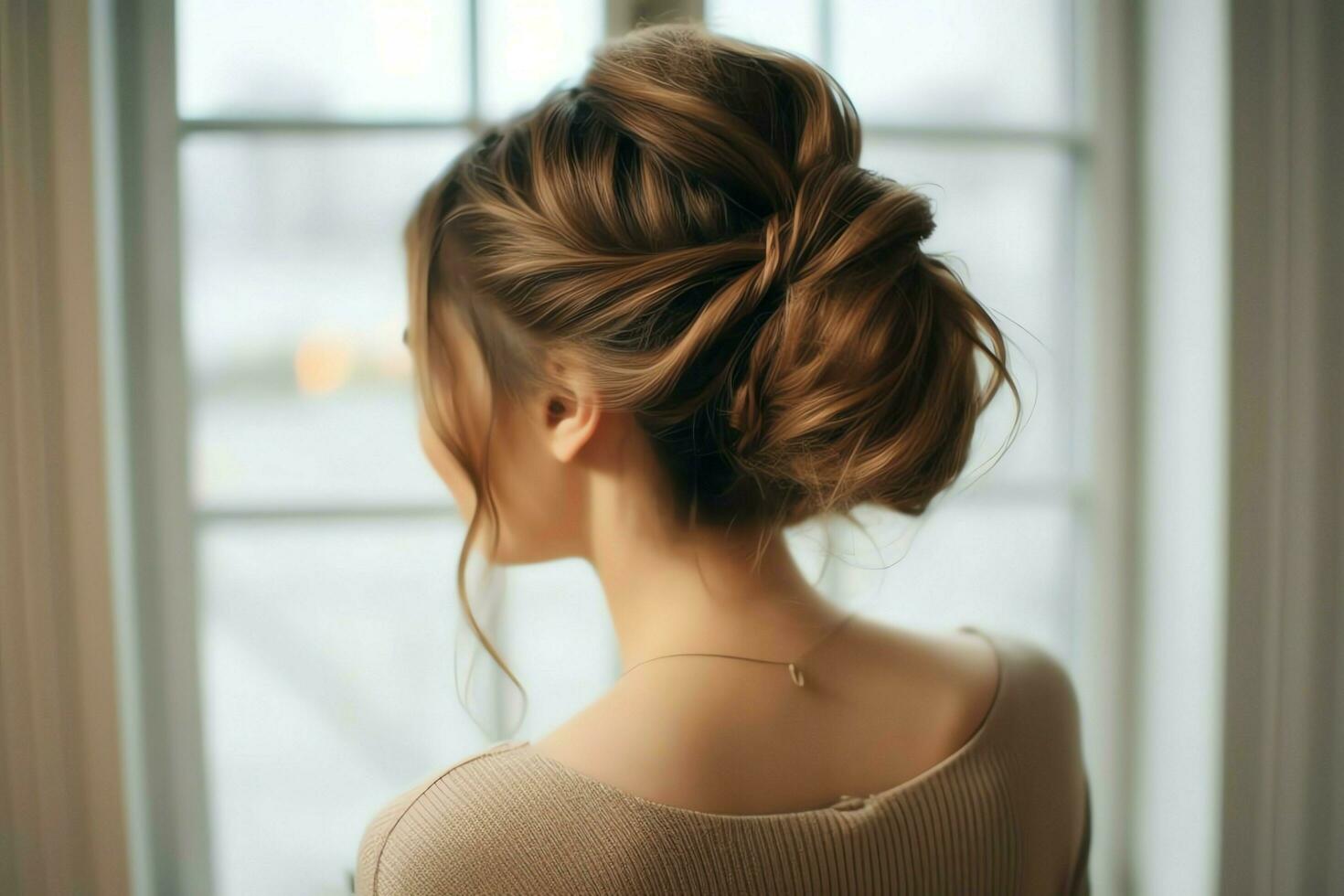 A beautiful bride with a bun hairstyles for long hair look from back. A female hairstyle rear view concept by AI Generated photo