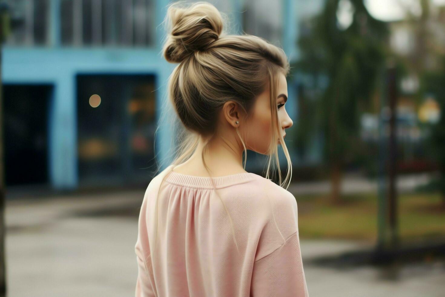 A beautiful bride with a bun hairstyles for long hair look from back. A female hairstyle rear view concept by AI Generated photo