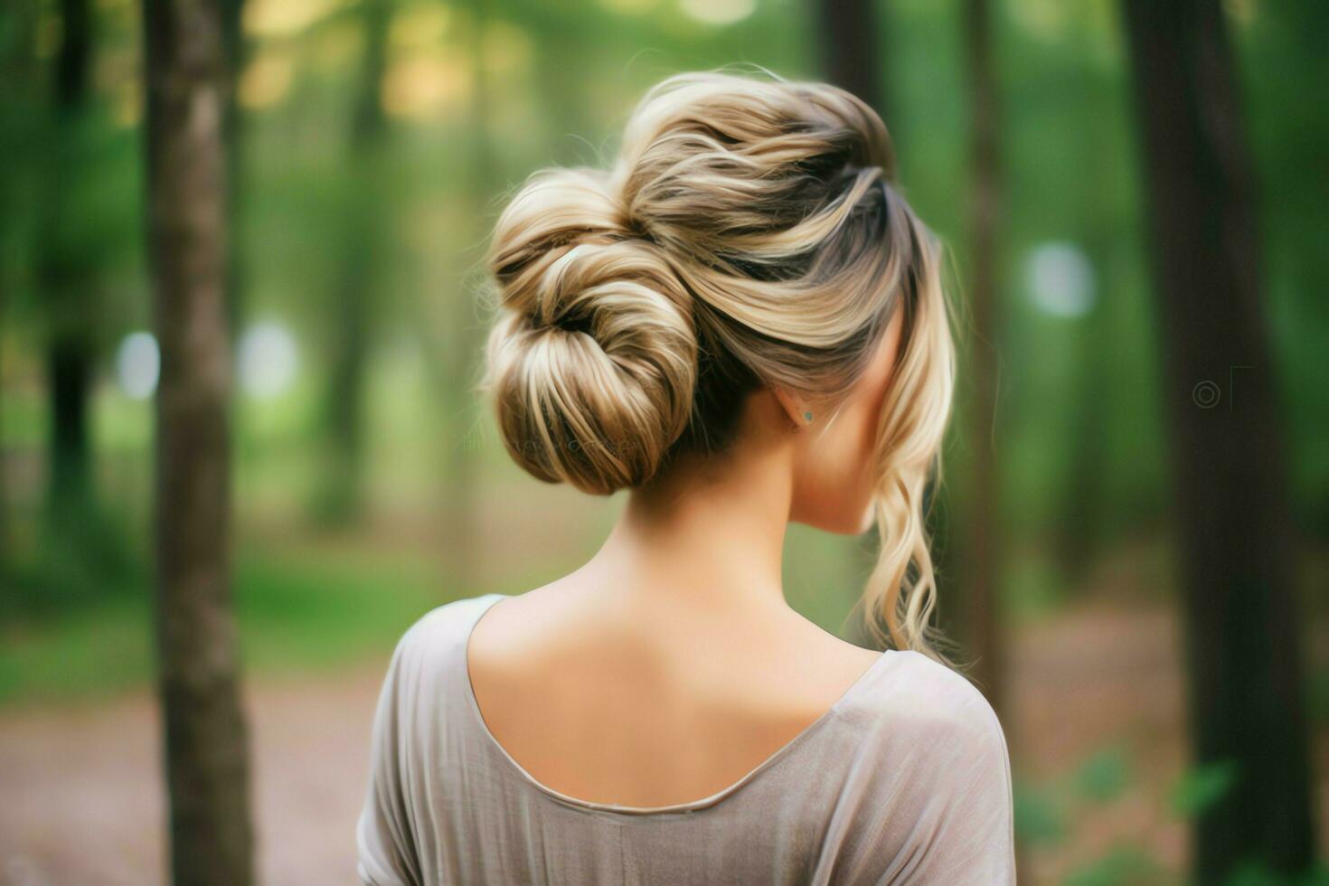 A beautiful bride with a bun hairstyles for long hair look from back. A female hairstyle rear view concept by AI Generated photo