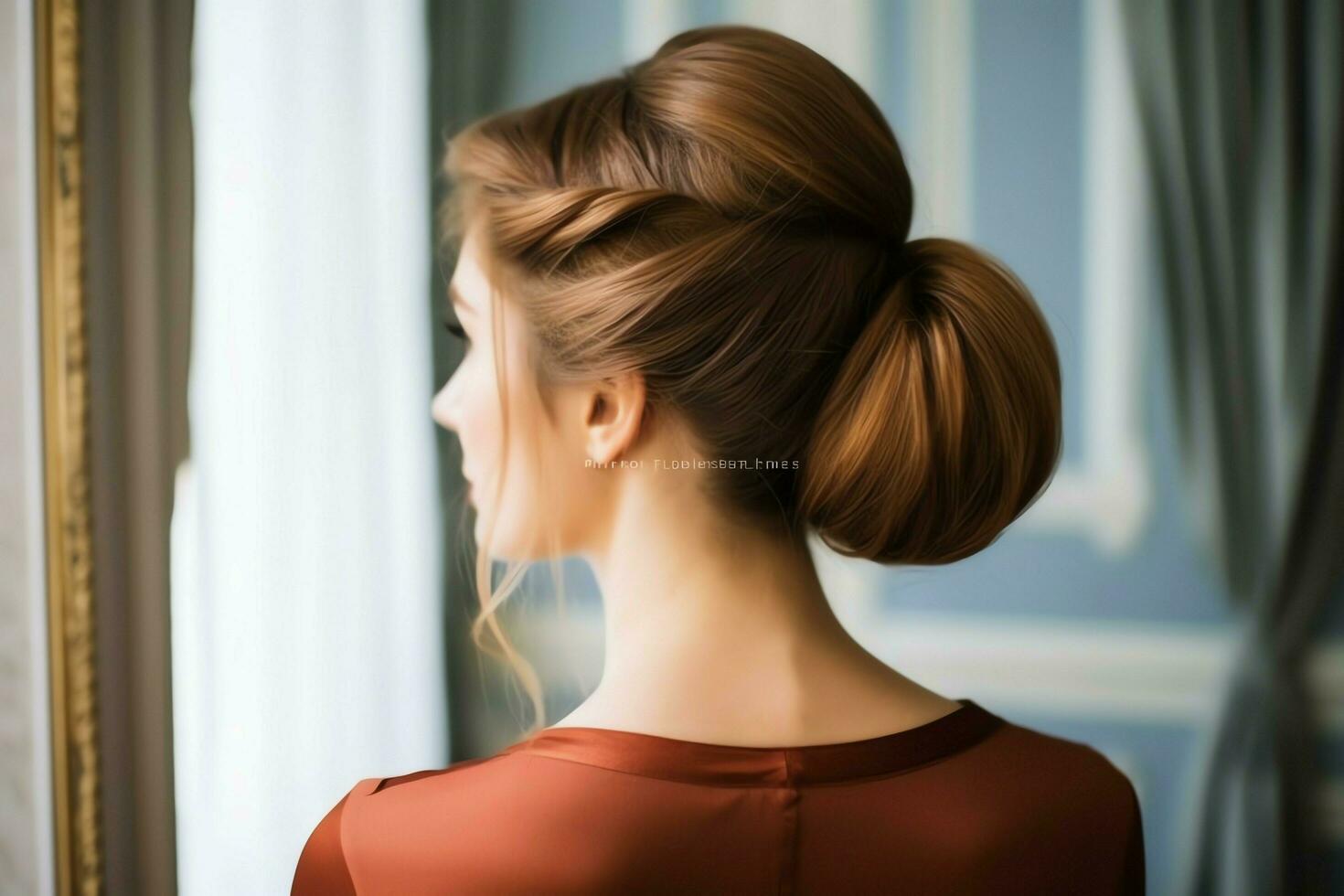 A beautiful bride with a bun hairstyles for long hair look from back. A female hairstyle rear view concept by AI Generated photo