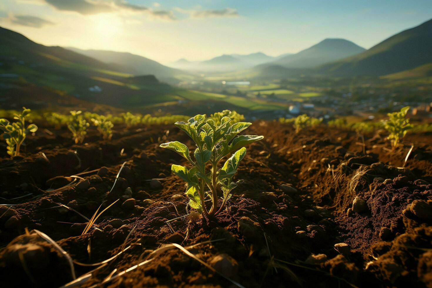 Beautiful view of a tea field plantation, vineyard farm or strawberry garden in the green hills at sunrise concept by AI Generated photo