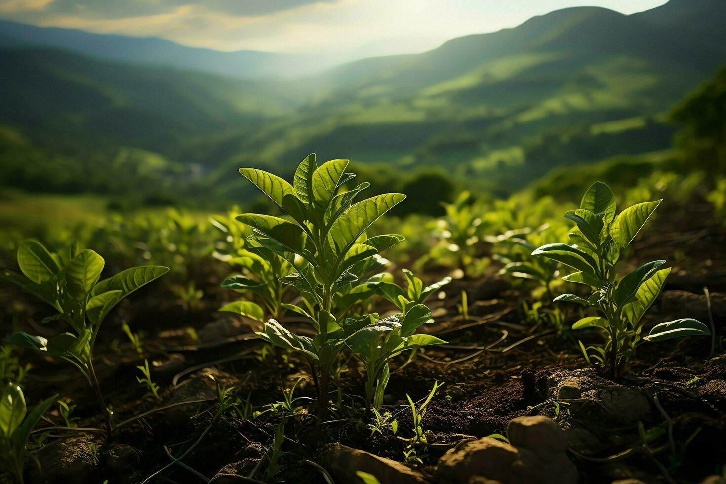 Beautiful view of a tea field plantation, vineyard farm or strawberry garden in the green hills at sunrise concept by AI Generated photo