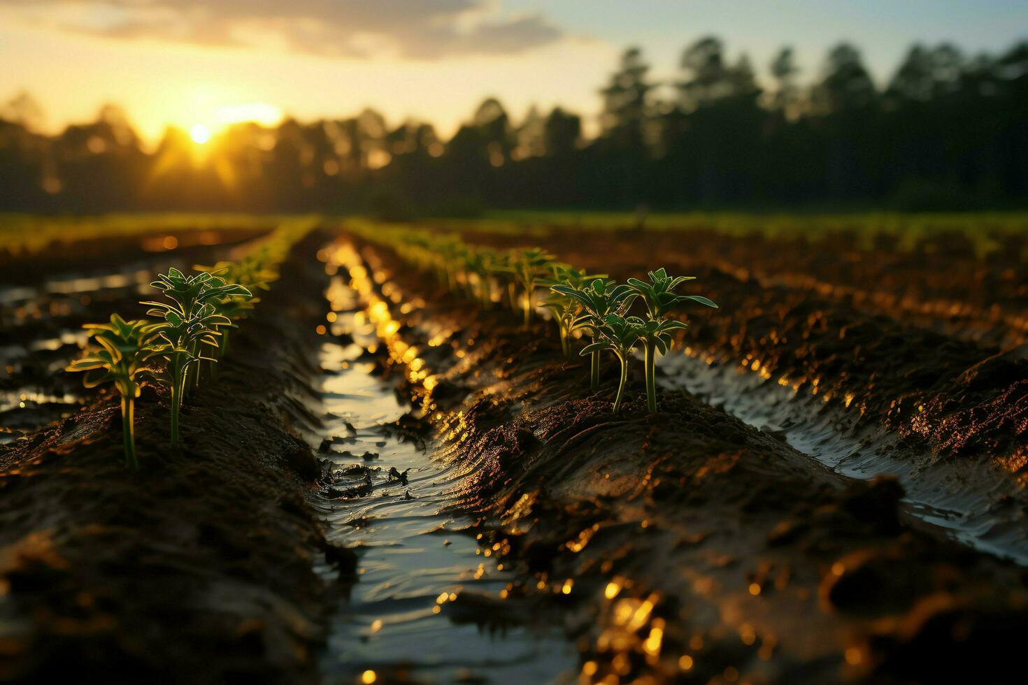 Beautiful view of a tea field plantation, vineyard farm or strawberry garden in the green hills at sunrise concept by AI Generated photo