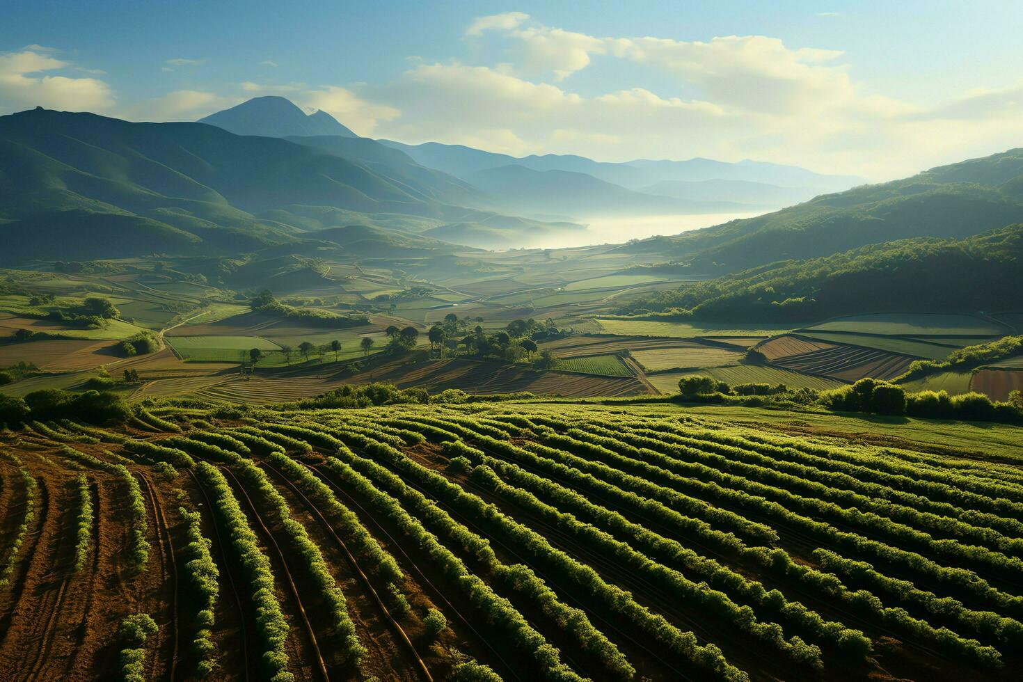 Beautiful view of a tea field plantation, vineyard farm or strawberry garden in the green hills at sunrise concept by AI Generated photo