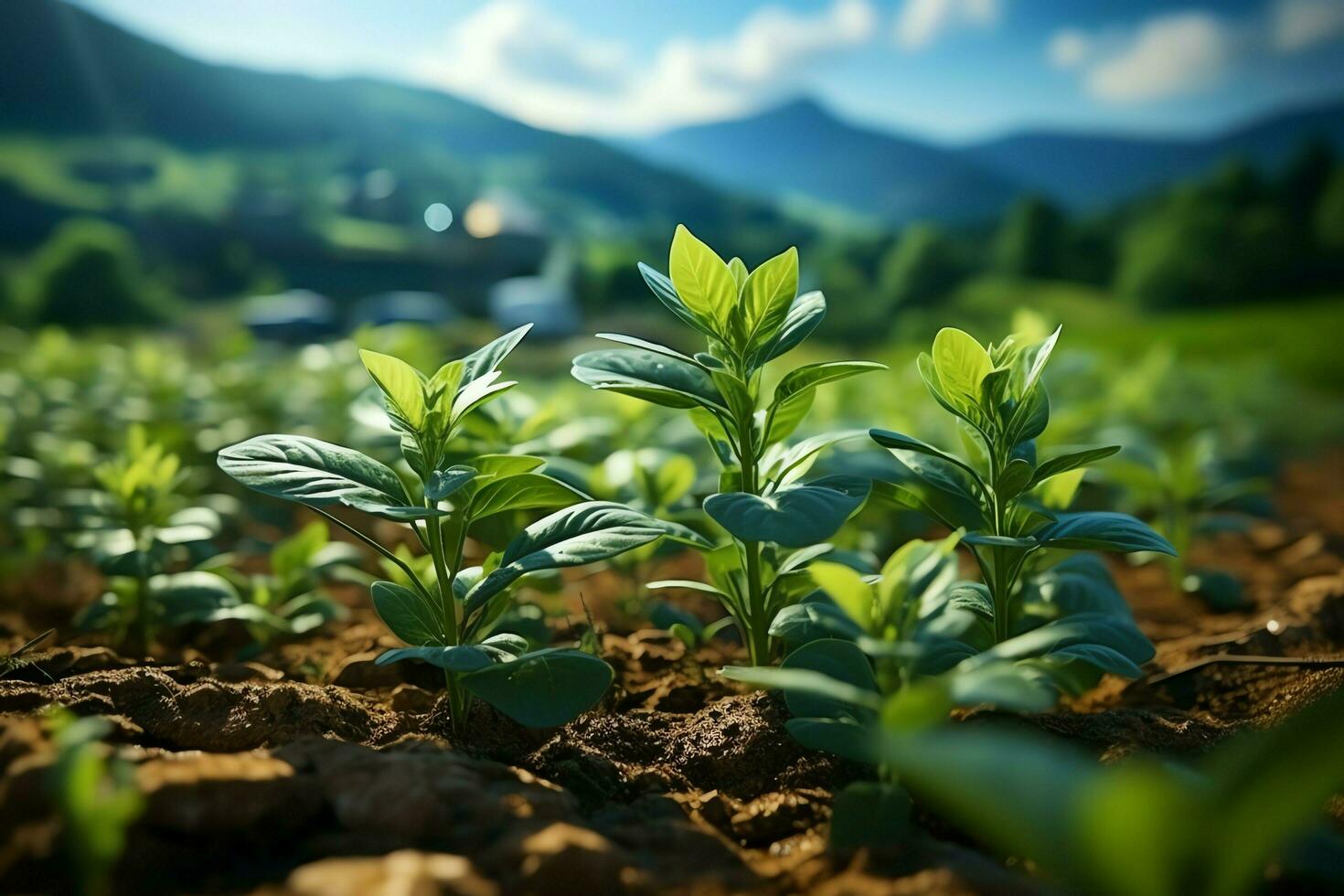 hermosa ver de un té campo plantación, viñedo granja o fresa jardín en el verde colinas a amanecer concepto por ai generado foto