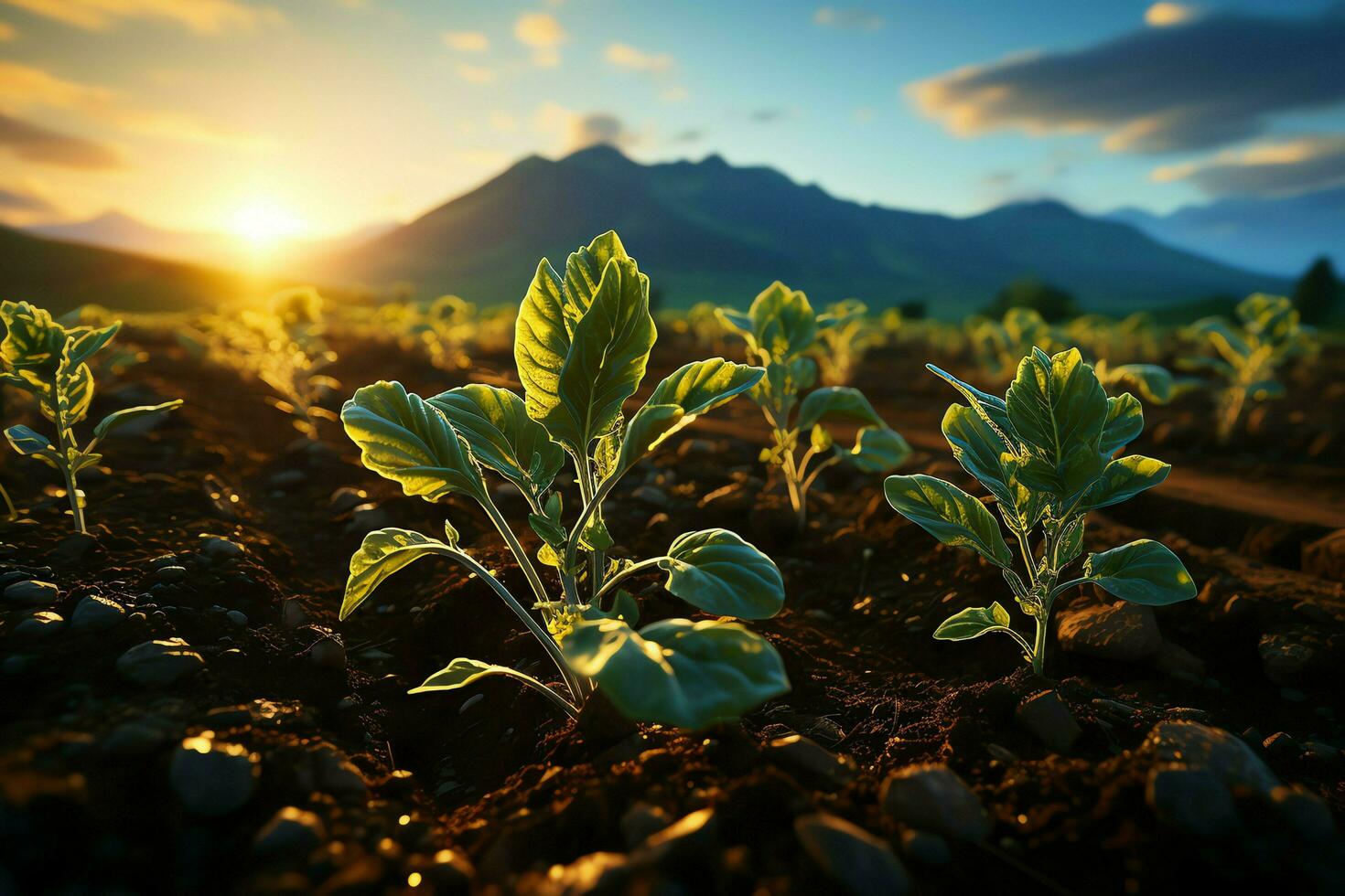 hermosa ver de un té campo plantación, viñedo granja o fresa jardín en el verde colinas a amanecer concepto por ai generado foto