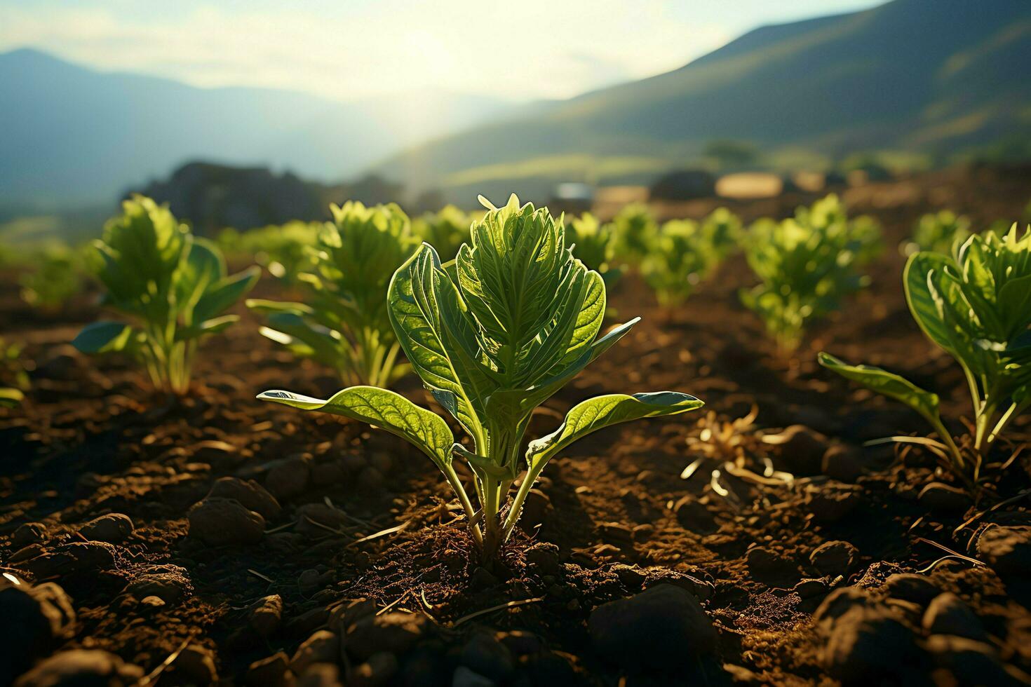 Beautiful view of a tea field plantation, vineyard farm or strawberry garden in the green hills at sunrise concept by AI Generated photo