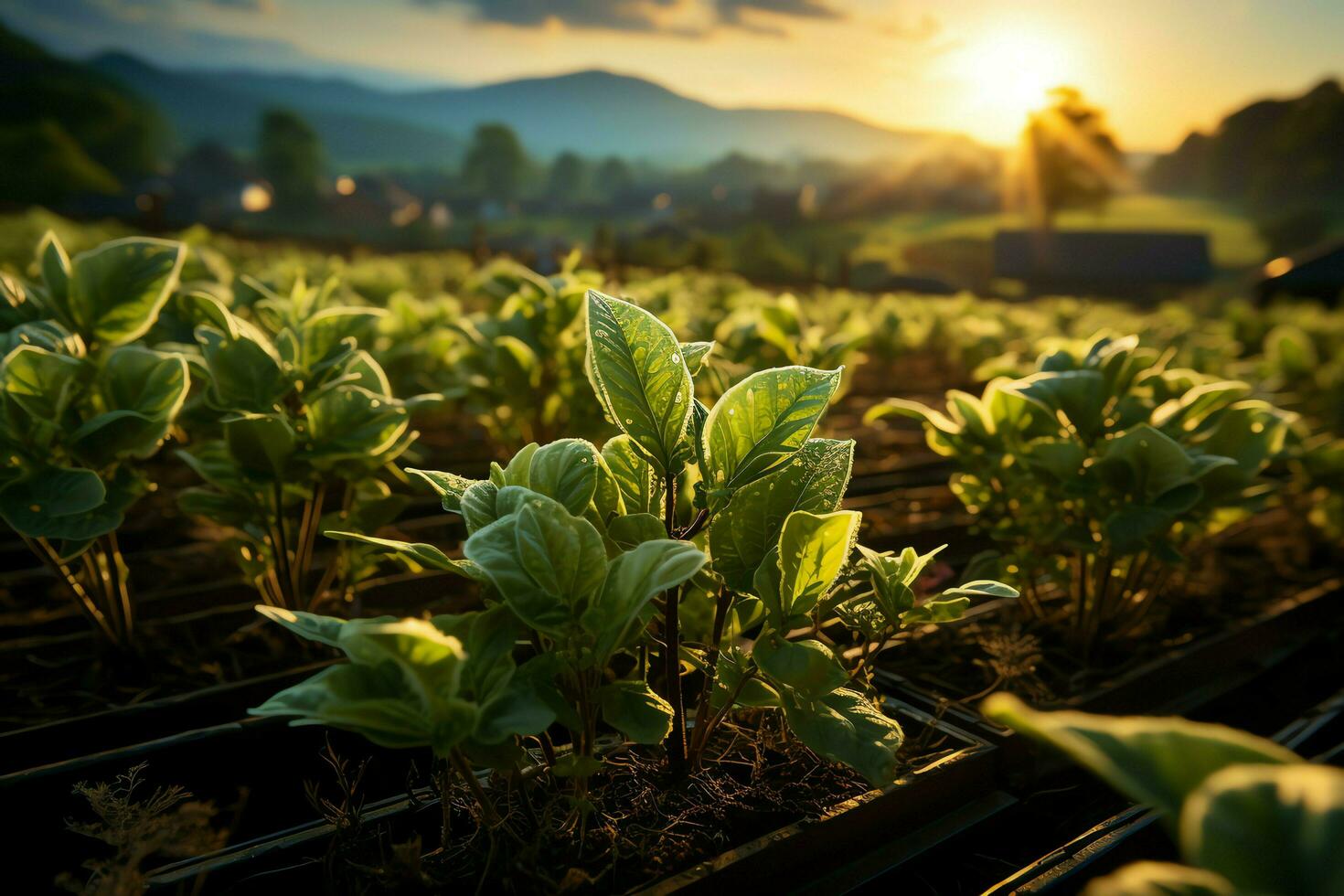 Beautiful view of a tea field plantation, vineyard farm or strawberry garden in the green hills at sunrise concept by AI Generated photo