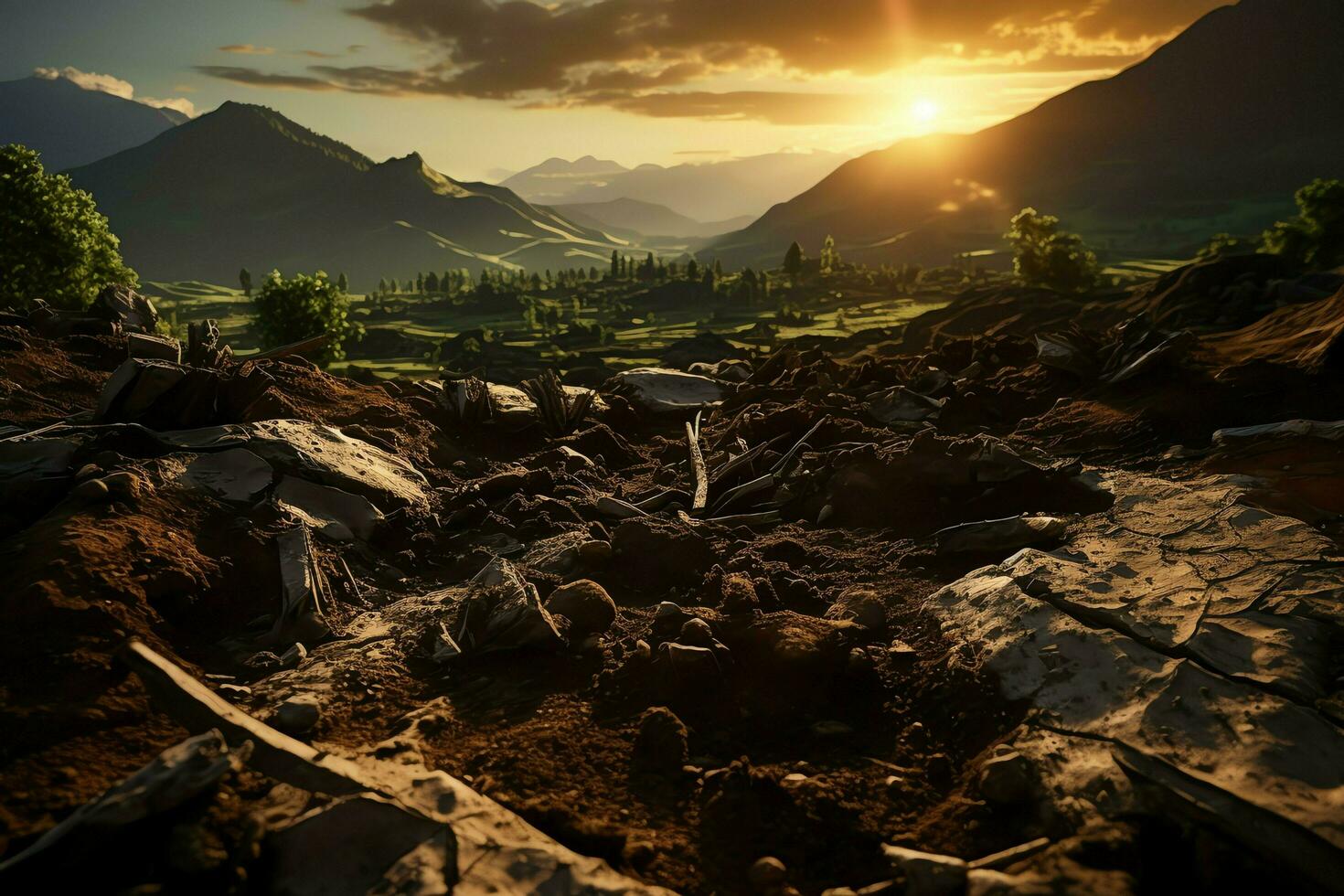 Beautiful view of a tea field plantation, vineyard farm or strawberry garden in the green hills at sunrise concept by AI Generated photo