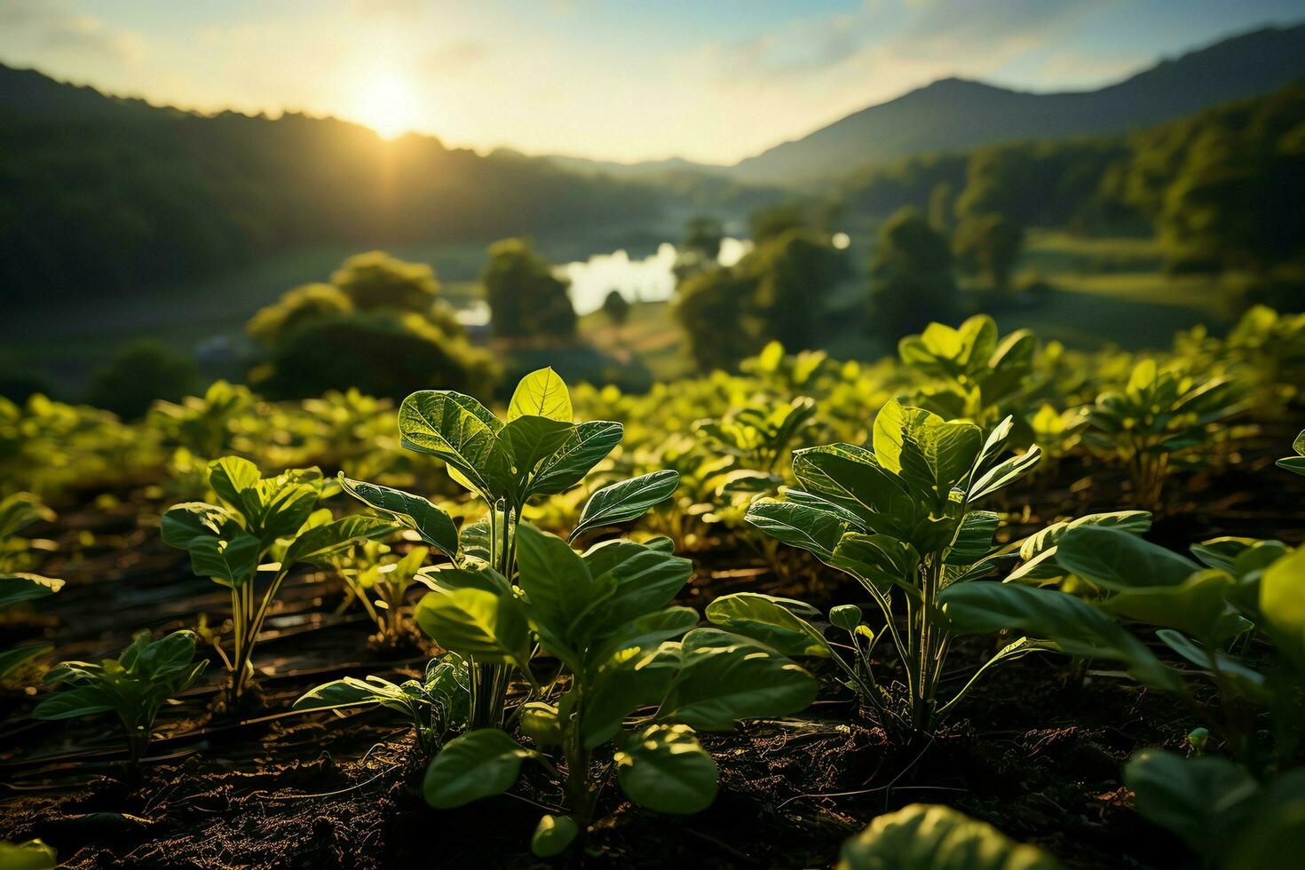 Beautiful view of a tea field plantation, vineyard farm or strawberry garden in the green hills at sunrise concept by AI Generated photo