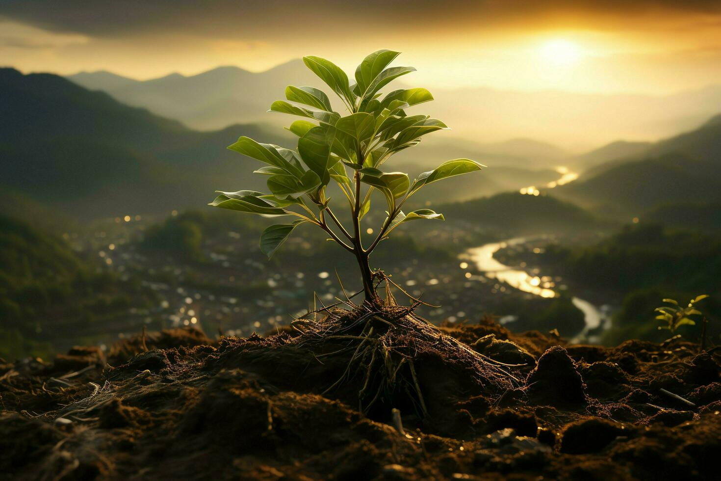 Beautiful view of a tea field plantation, vineyard farm or strawberry garden in the green hills at sunrise concept by AI Generated photo