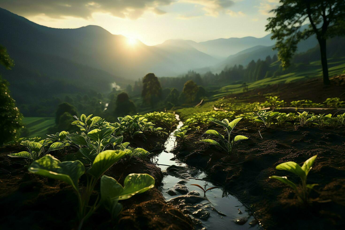 Beautiful view of a tea field plantation, vineyard farm or strawberry garden in the green hills at sunrise concept by AI Generated photo