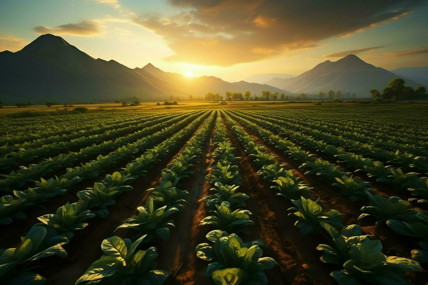 Beautiful view of a tea field plantation, vineyard farm or strawberry garden in the green hills at sunrise concept by AI Generated photo