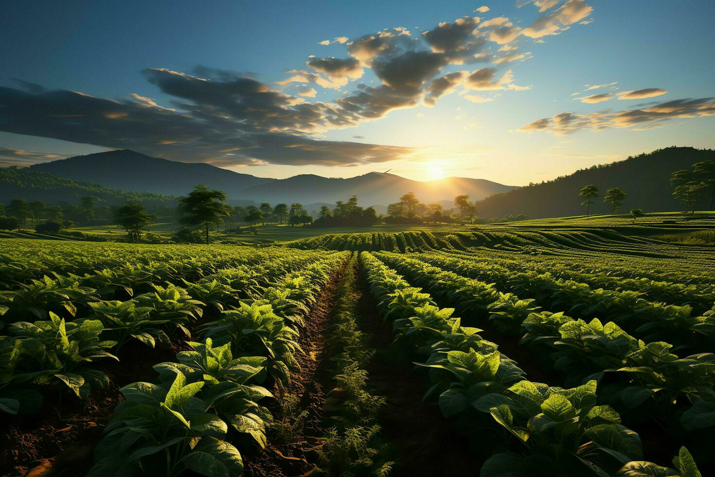 Beautiful view of a tea field plantation, vineyard farm or strawberry garden in the green hills at sunrise concept by AI Generated photo