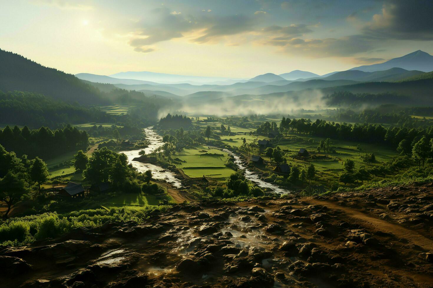 hermosa ver de un té campo plantación, viñedo granja o fresa jardín en el verde colinas a amanecer concepto por ai generado foto