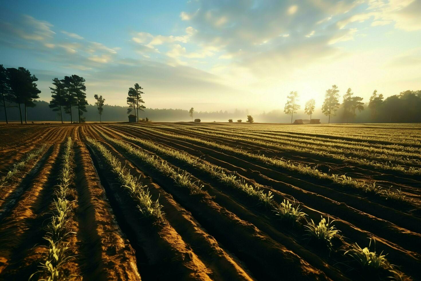 hermosa ver de un té campo plantación, viñedo granja o fresa jardín en el verde colinas a amanecer concepto por ai generado foto