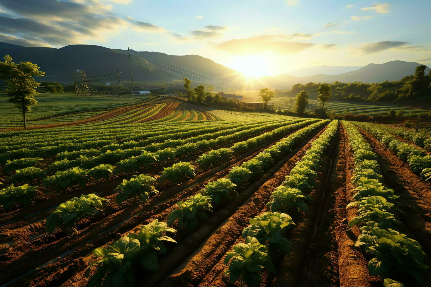 Beautiful view of a tea field plantation, vineyard farm or strawberry garden in the green hills at sunrise concept by AI Generated photo