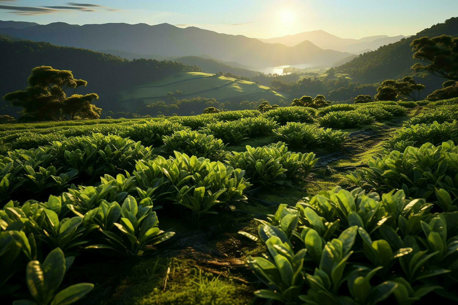 Beautiful view of a tea field plantation, vineyard farm or strawberry garden in the green hills at sunrise concept by AI Generated photo