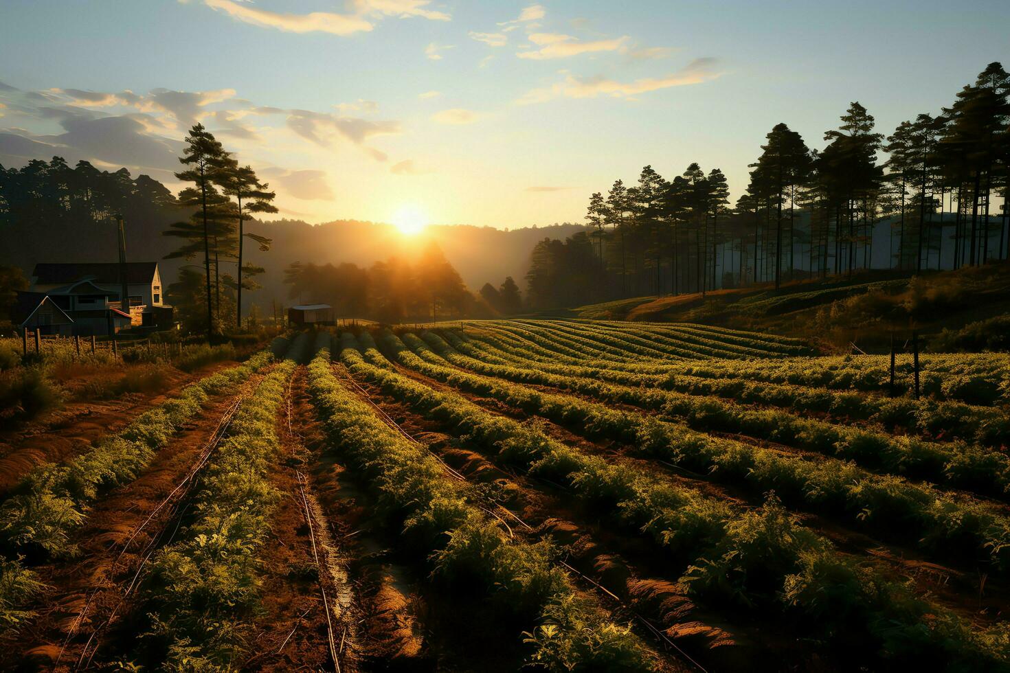 hermosa ver de un té campo plantación, viñedo granja o fresa jardín en el verde colinas a amanecer concepto por ai generado foto