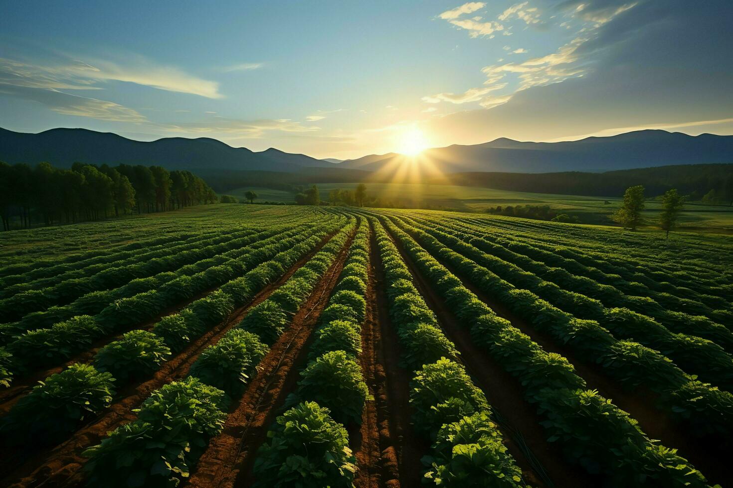 Beautiful view of a tea field plantation, vineyard farm or strawberry garden in the green hills at sunrise concept by AI Generated photo