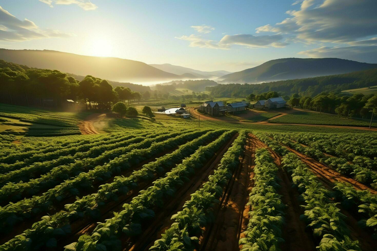 Beautiful view of a tea field plantation, vineyard farm or strawberry garden in the green hills at sunrise concept by AI Generated photo