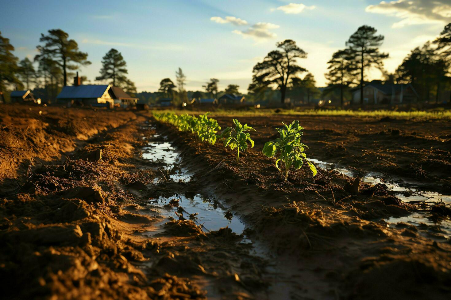 Beautiful view of a tea field plantation, vineyard farm or strawberry garden in the green hills at sunrise concept by AI Generated photo