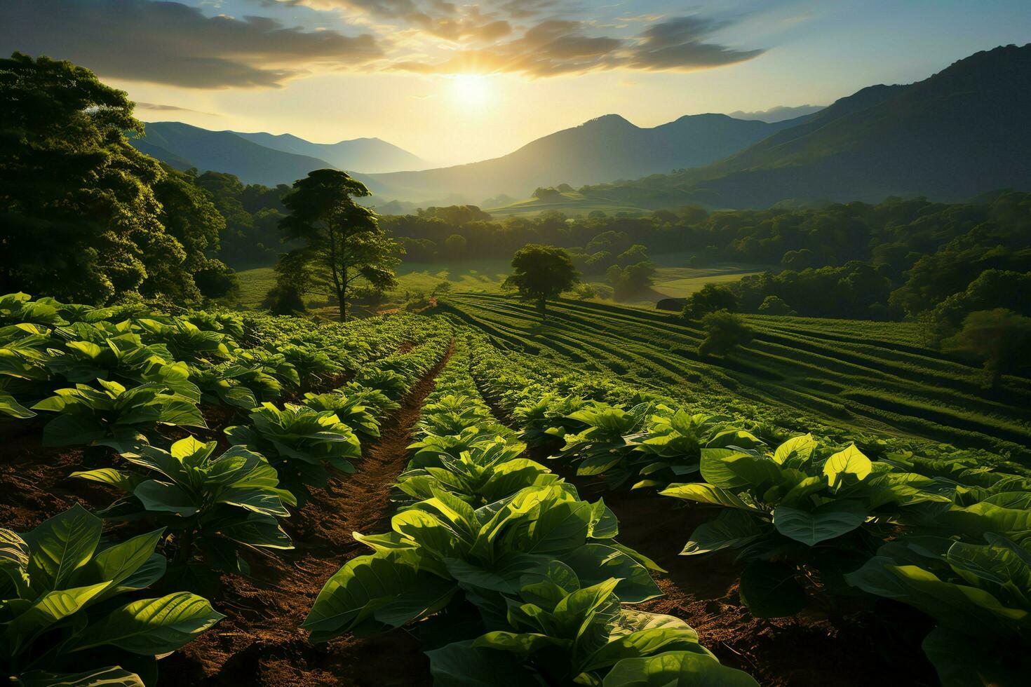 Beautiful view of a tea field plantation, vineyard farm or strawberry garden in the green hills at sunrise concept by AI Generated photo