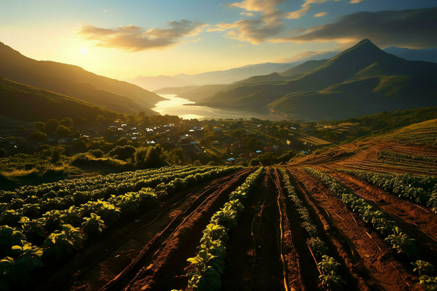 Beautiful view of a tea field plantation, vineyard farm or strawberry garden in the green hills at sunrise concept by AI Generated photo