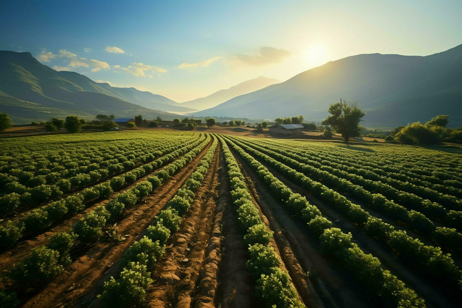 Beautiful view of a tea field plantation, vineyard farm or strawberry garden in the green hills at sunrise concept by AI Generated photo