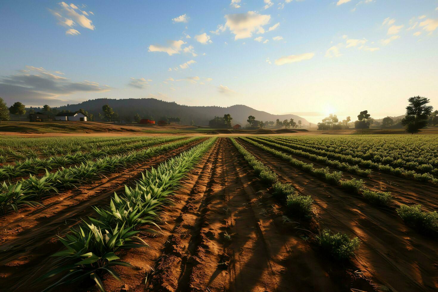 Beautiful view of a tea field plantation, vineyard farm or strawberry garden in the green hills at sunrise concept by AI Generated photo