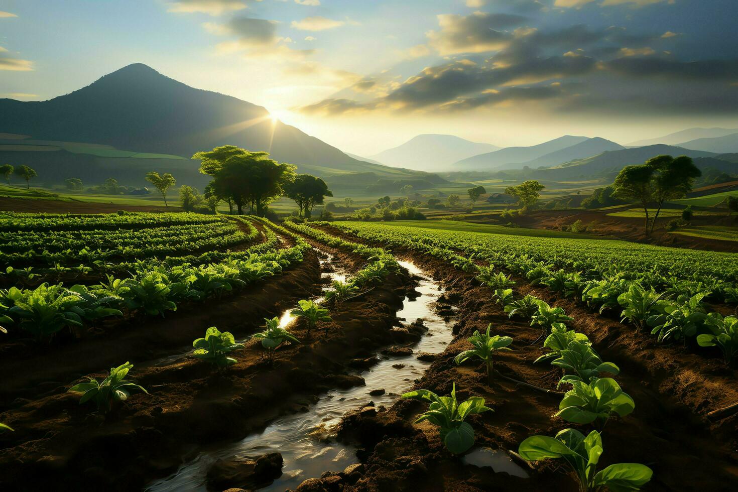 Beautiful view of a tea field plantation, vineyard farm or strawberry garden in the green hills at sunrise concept by AI Generated photo