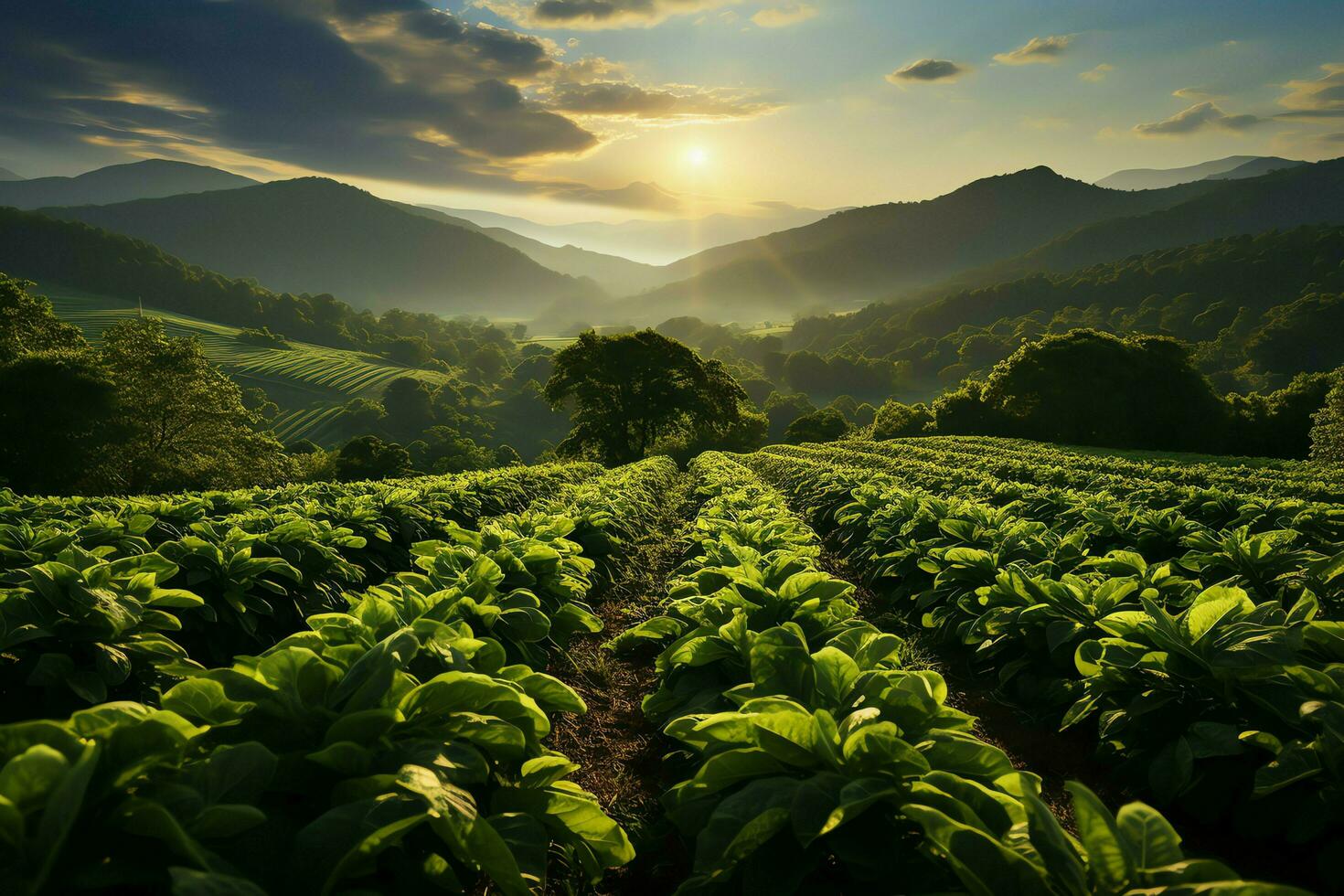 Beautiful view of a tea field plantation, vineyard farm or strawberry garden in the green hills at sunrise concept by AI Generated photo