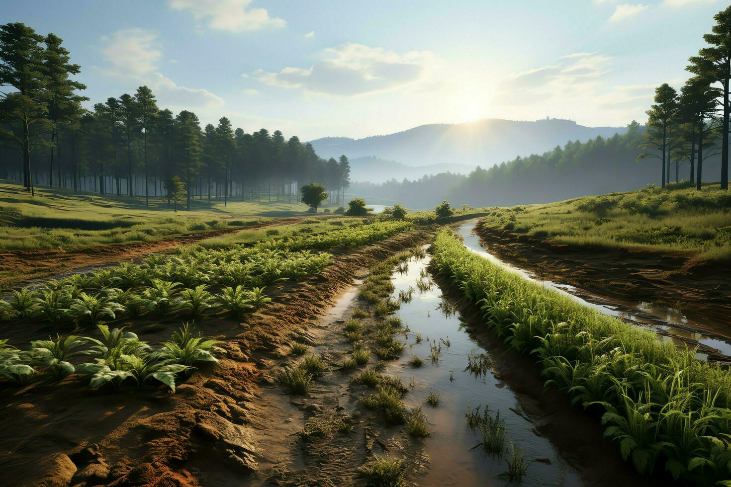 Beautiful view of a tea field plantation, vineyard farm or strawberry garden in the green hills at sunrise concept by AI Generated photo