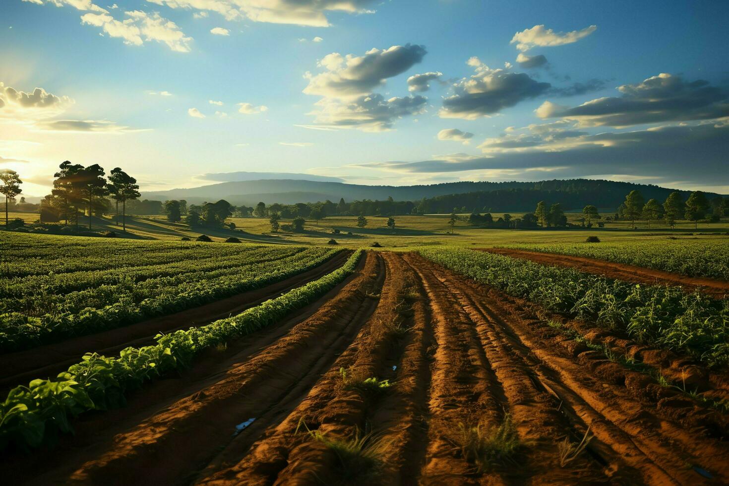 Beautiful view of a tea field plantation, vineyard farm or strawberry garden in the green hills at sunrise concept by AI Generated photo