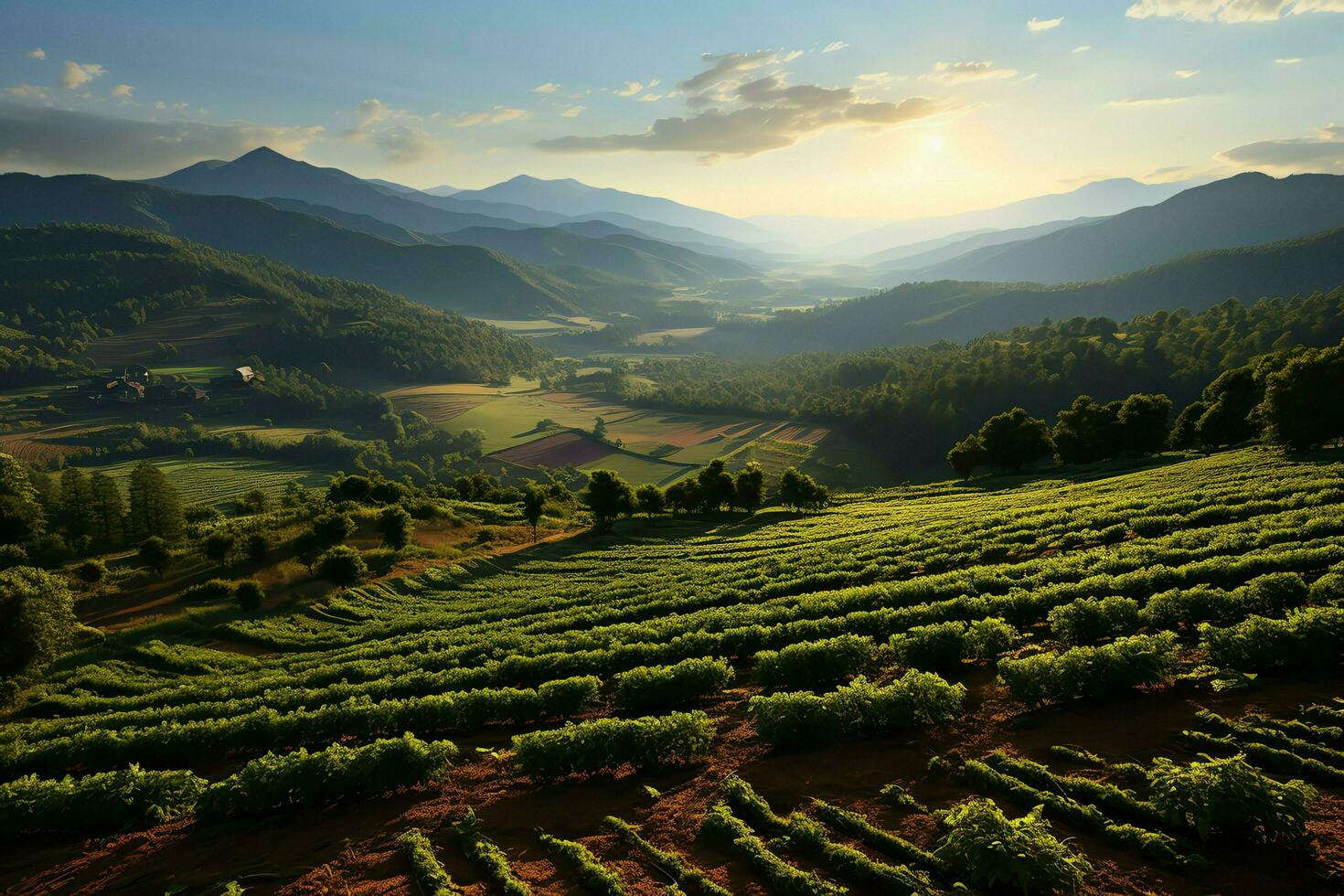 Beautiful view of a tea field plantation, vineyard farm or strawberry garden in the green hills at sunrise concept by AI Generated photo