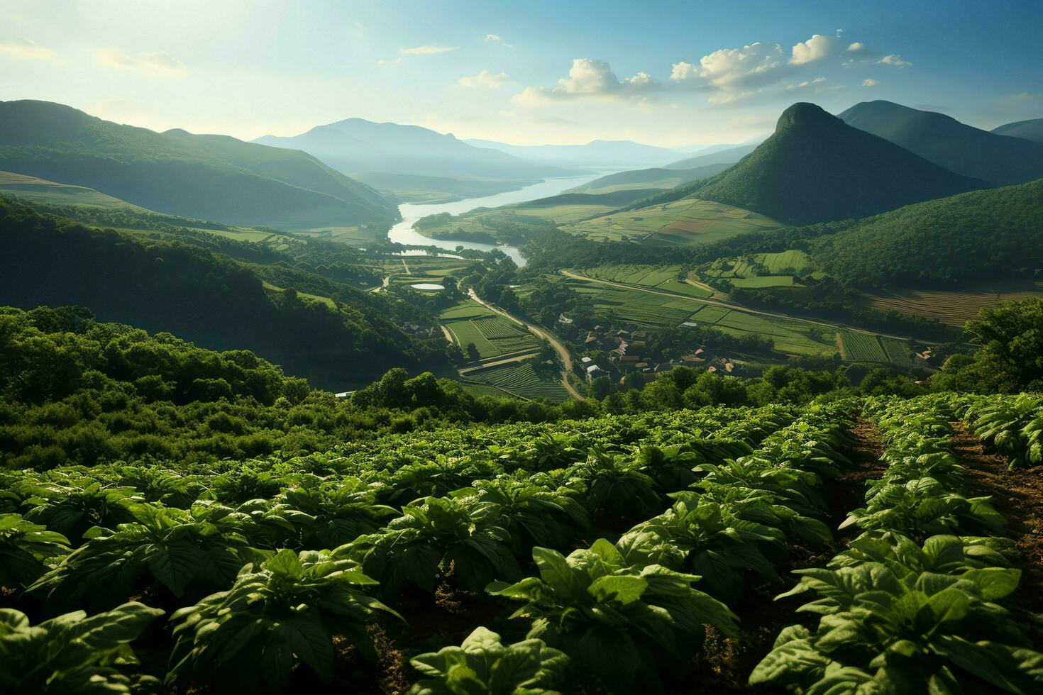 hermosa ver de un té campo plantación, viñedo granja o fresa jardín en el verde colinas a amanecer concepto por ai generado foto