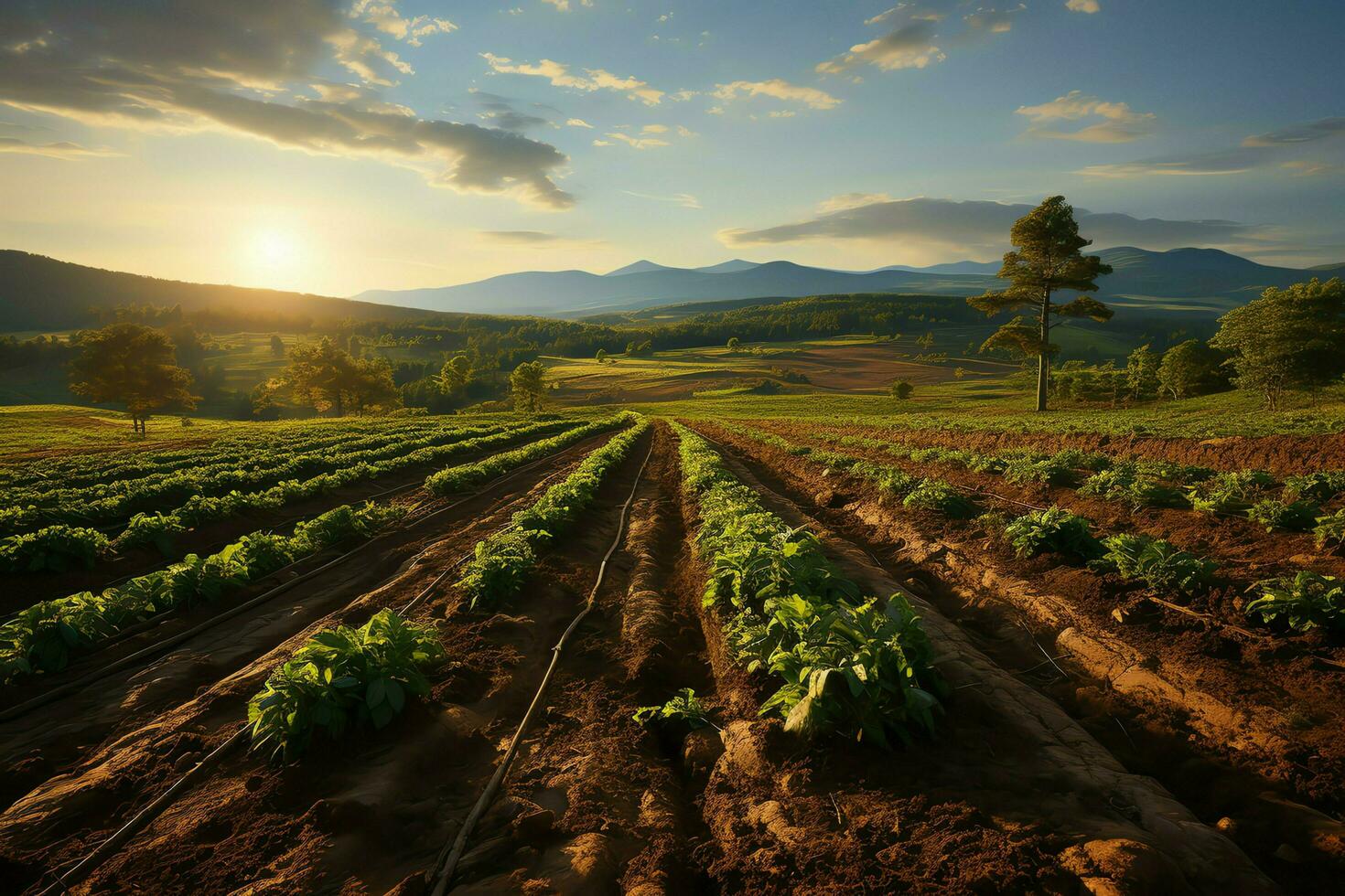 hermosa ver de un té campo plantación, viñedo granja o fresa jardín en el verde colinas a amanecer concepto por ai generado foto