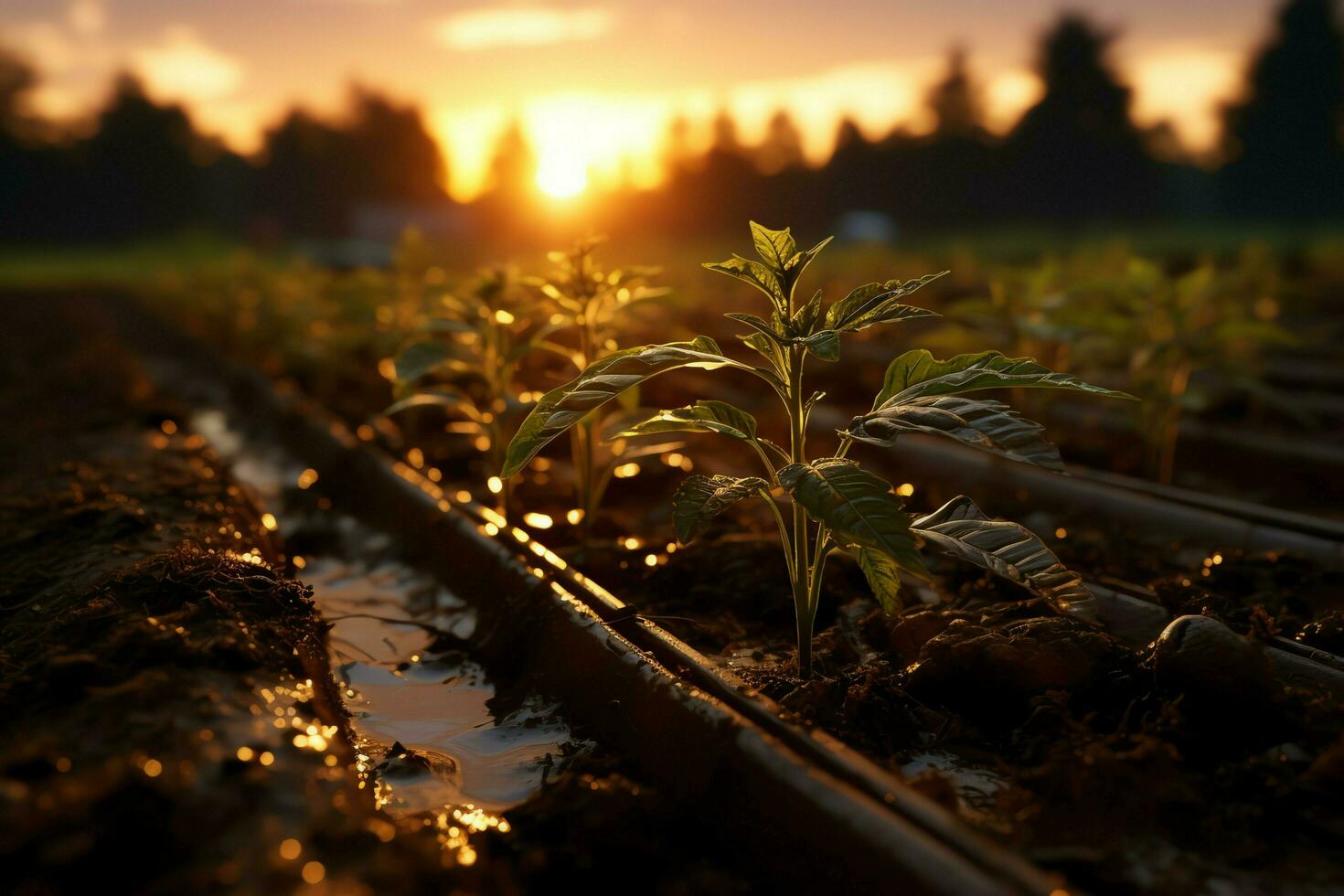 Beautiful view of a tea field plantation, vineyard farm or strawberry garden in the green hills at sunrise concept by AI Generated photo