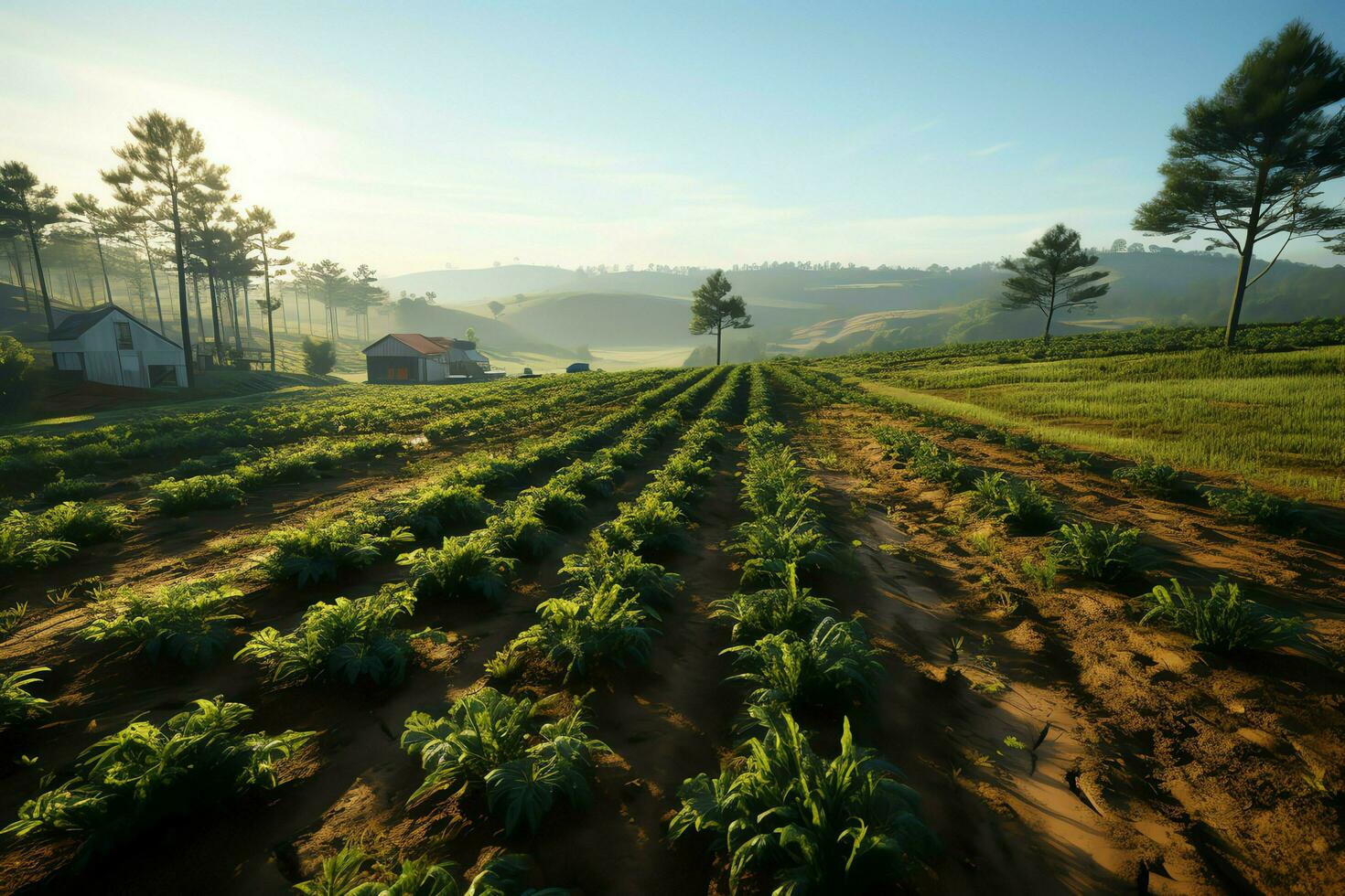 Beautiful view of a tea field plantation, vineyard farm or strawberry garden in the green hills at sunrise concept by AI Generated photo