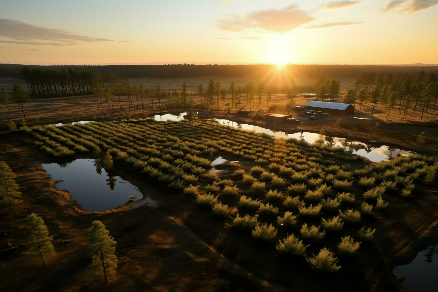Beautiful view of a tea field plantation, vineyard farm or strawberry garden in the green hills at sunrise concept by AI Generated photo
