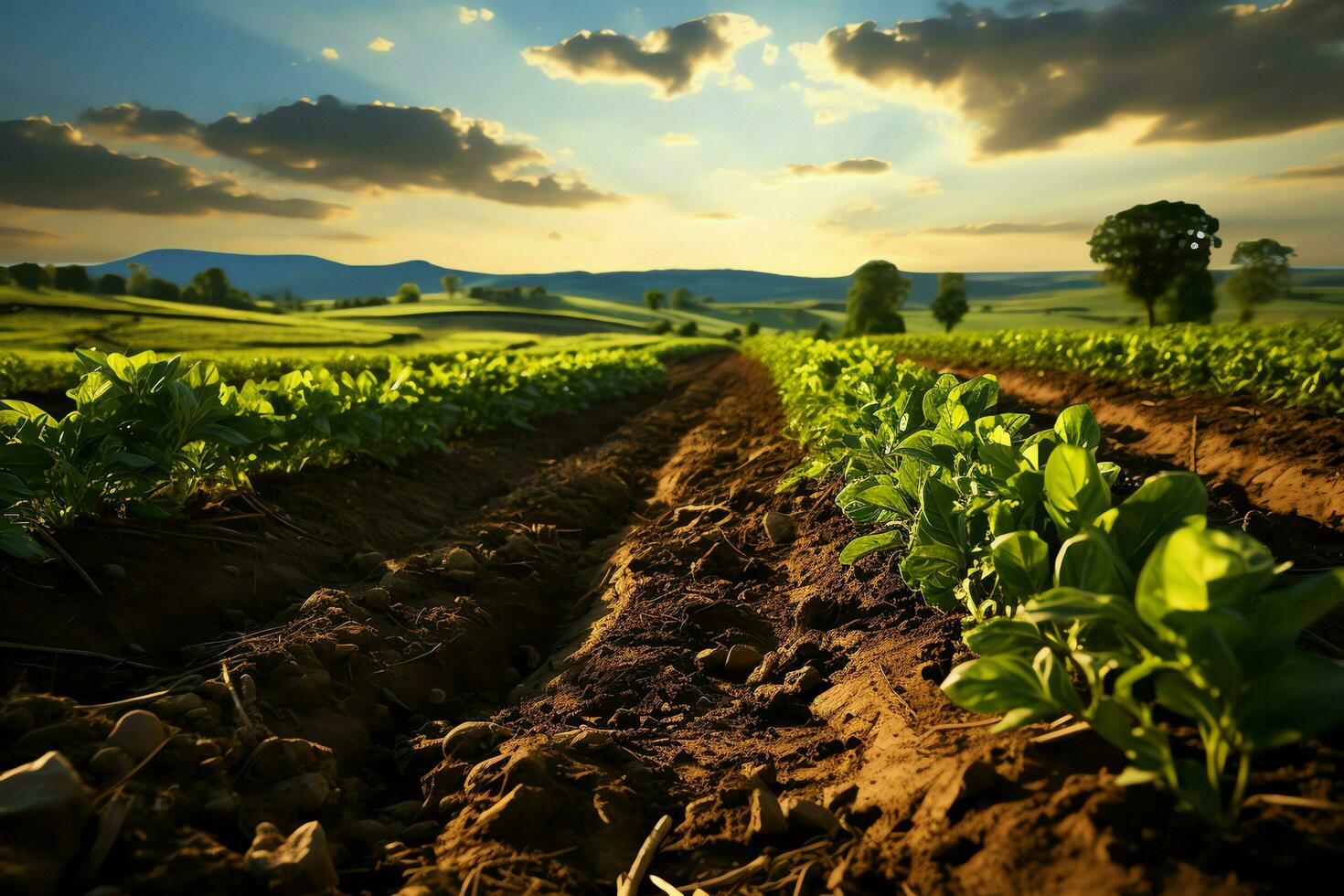 hermosa ver de un té campo plantación, viñedo granja o fresa jardín en el verde colinas a amanecer concepto por ai generado foto