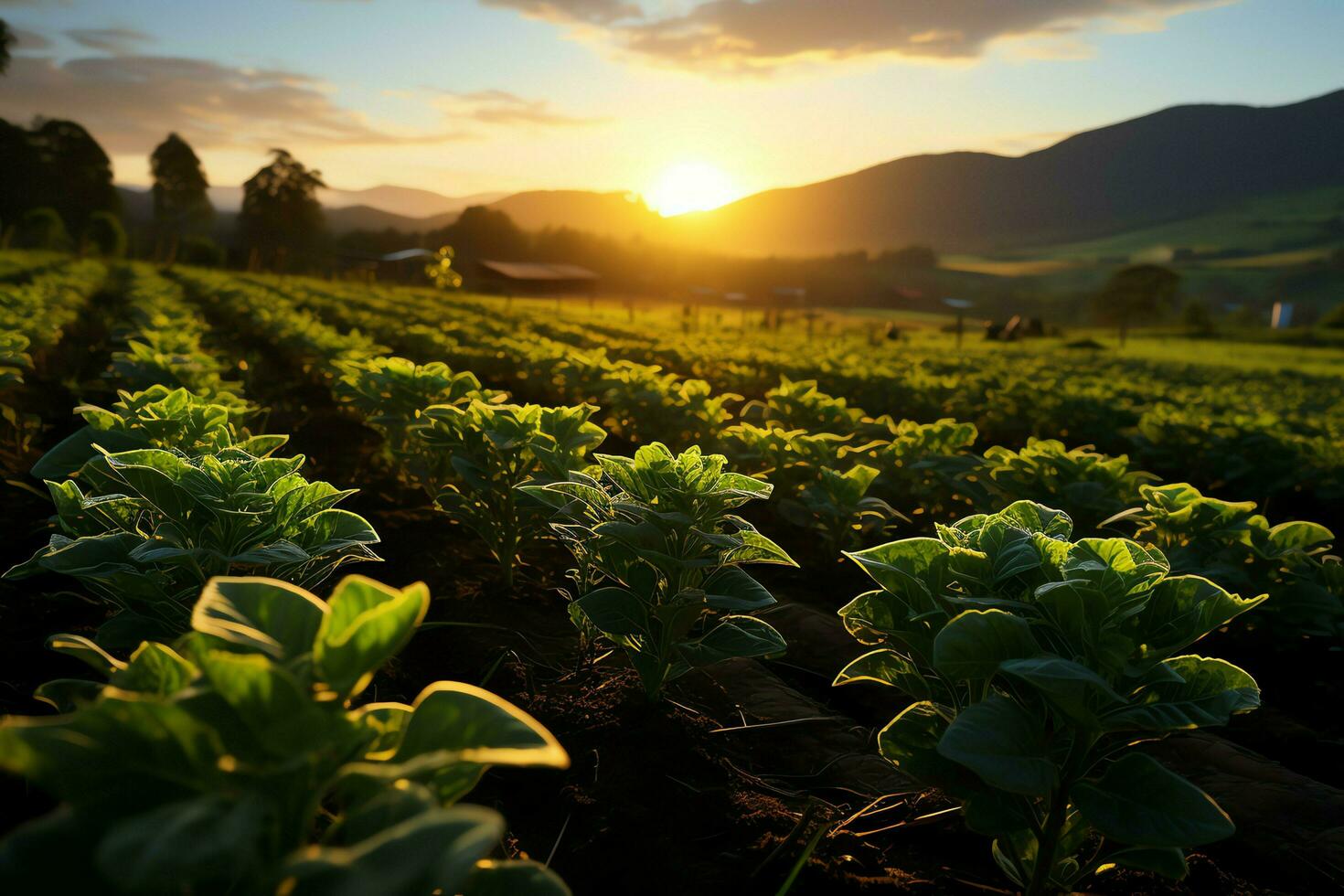 Beautiful view of a tea field plantation, vineyard farm or strawberry garden in the green hills at sunrise concept by AI Generated photo